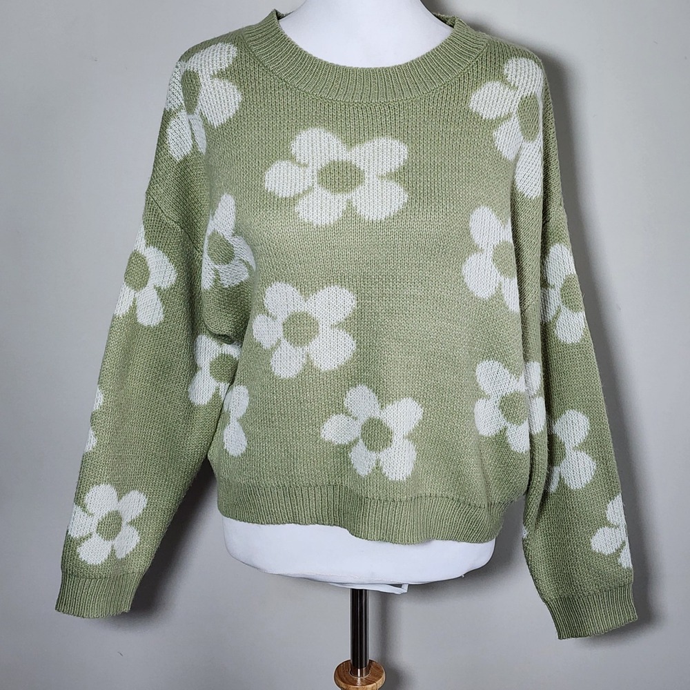Floral Daisy Knit Sweater Womens Small Sage Green Daisy Print Garden Earthy Fall